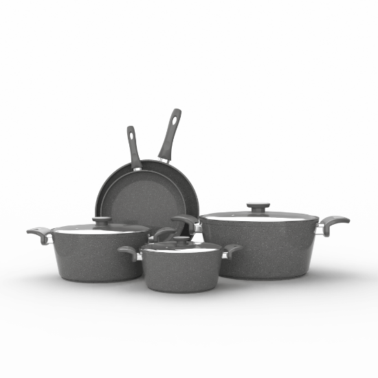 TopChef Granite Cookware Set - 8 pcs  -  With Glass Cover  - Gray