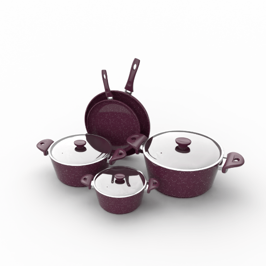 TopChef Granite Cookware Set - 8 pcs  -  With Glass Cover  - Burghndy -0