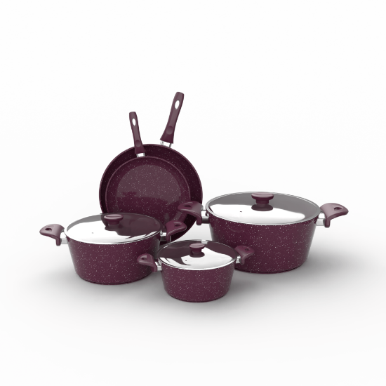 TopChef Granite Cookware Set - 8 pcs  -  With Glass Cover  - Burghndy - 2
